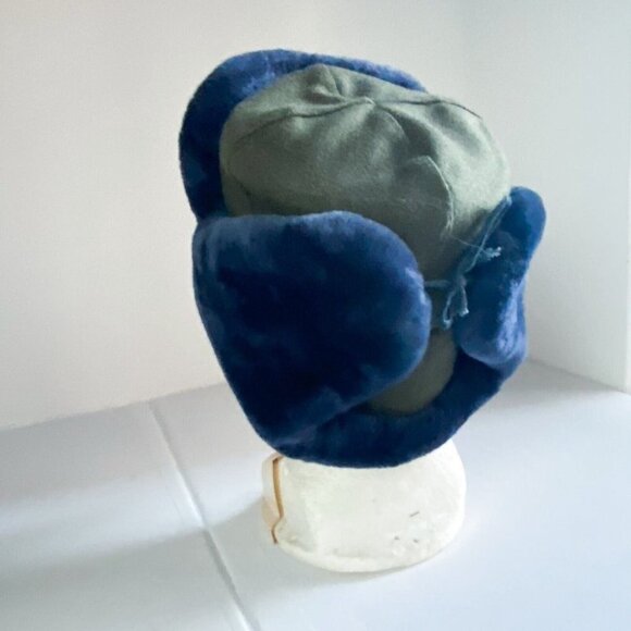 Vintage  Eastern European Army Green Wool Blue Fur Deatil Militray Flight Hat M - Picture 4 of 9